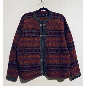 Nordic Designs Sweater Womens Large Red Fair Isle Cardigan Wool Pewter Clasp